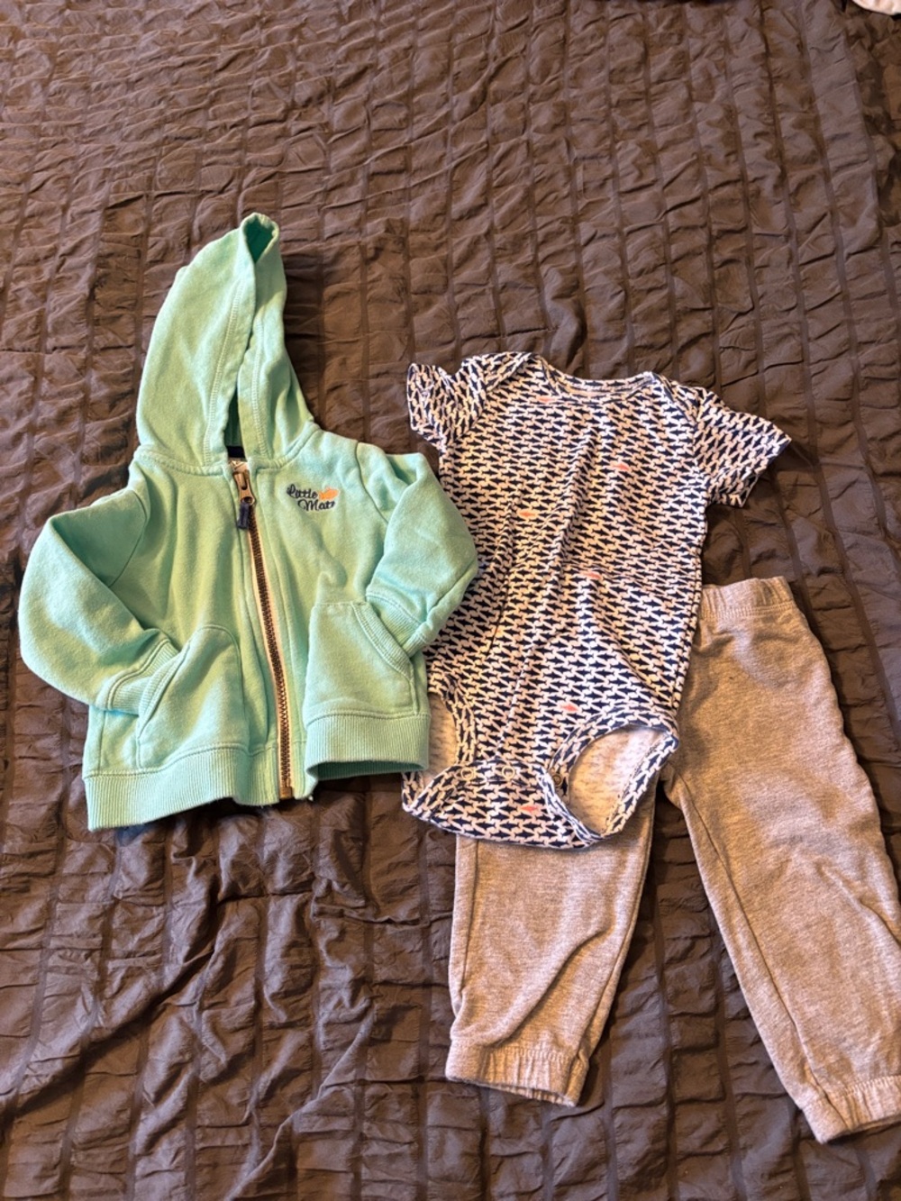 Carter's Mint Green Hoodie with Navy Patterned Onesie and Gray Pants